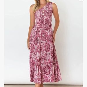 🌸 Flowy One-Shoulder Asymmetrical Pink Floral Rayon Dress ~ Sz XXL